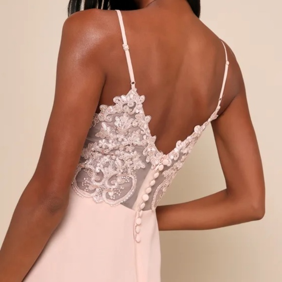 Lulus Romantic Ways Blush Pink Lace Button Back Maxi Dress - Size L - Picture 1 of 4